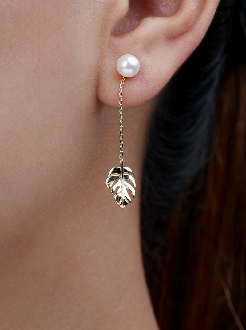 Monstera Pearl Drop Earrings (Pure Silver) - Gold